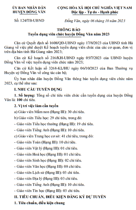 THÔNG BÁO Tuyển dụng viên chức huyện Đồng Văn năm 2023