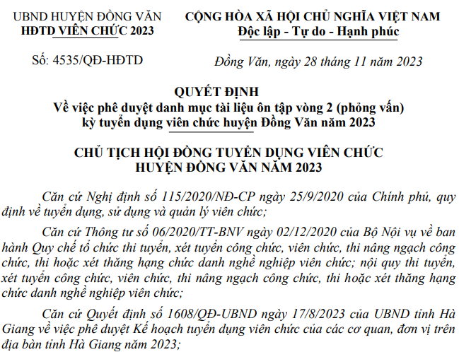 QUYẾT ĐỊNH Về việc phê duyệt danh mục tài liệu ôn tập vòng 2 (phỏng vấn) kỳ tuyển dụng viên chức huyện Đồng Văn năm 2023