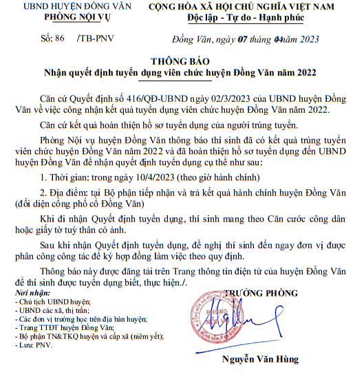 THÔNG BÁO Nhận quyết định tuyển dụng viên chức huyện Đồng Văn năm 2022